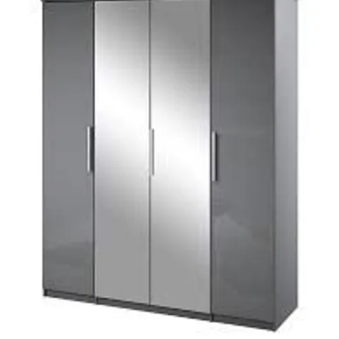 BOXED PRAGUE GLOSS 4 DOOR, 3 DRAWER WARDROBE - GREY GLOSS (5 BOXES)