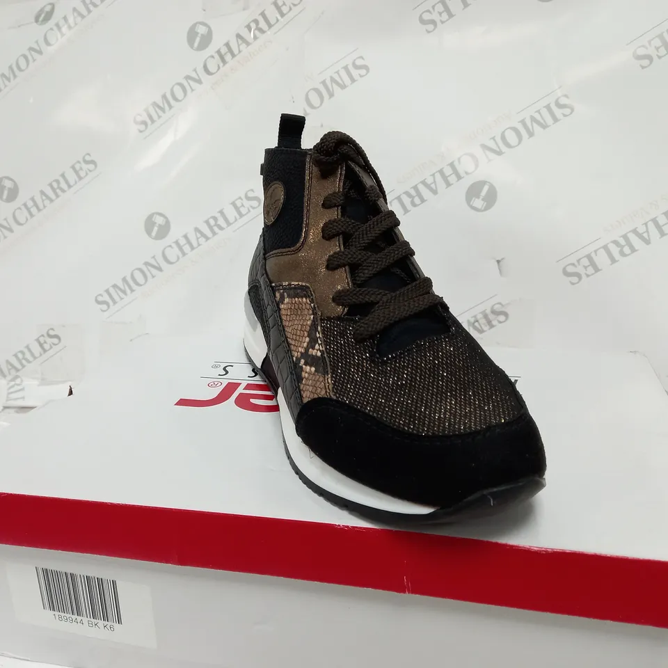 BOXED PAIR OF RIEKER HIGH TOP MIX MATERIAL TRAINER BOOTS IN BLACK UK SIZE 6