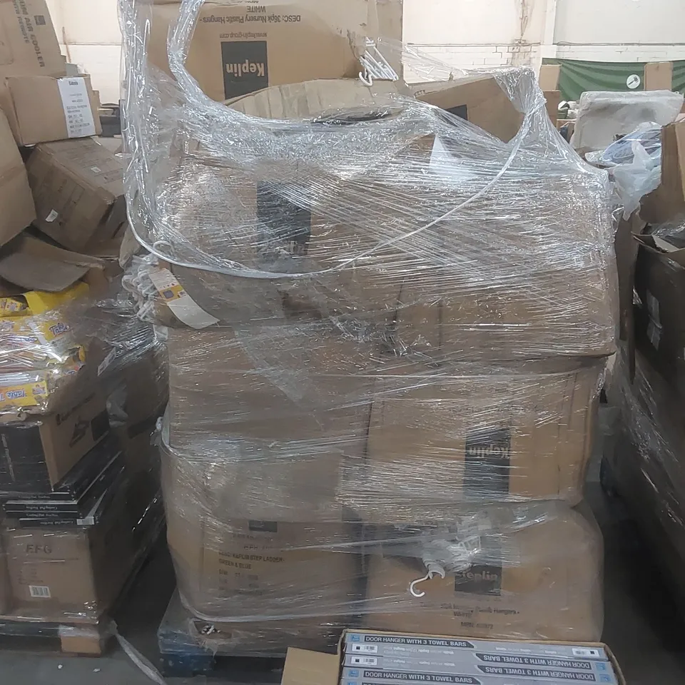 PALLET OF ASSORTED ITEMS TO INCLUDE: DOOR HANGERS WITH 3 TOWEL BARS, KEPLIN LUGGAGE BAG, HANDHELD SEWING MACHINE, LARGE QUANTITY OF PLASTIC HANGERS 