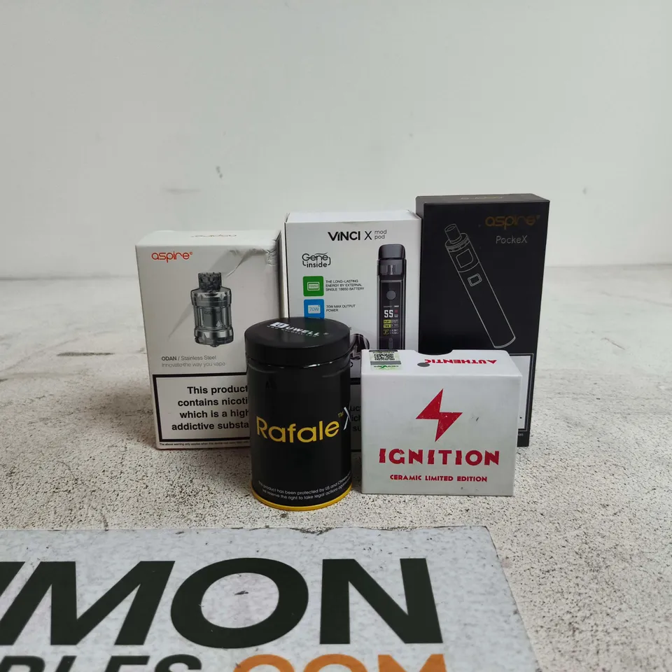 BOX OF APPROXIMATELY 25 ASSORTED E-CIGARETTES AND COMPONENTS TO INCLUDE ASPIRE POCKEX, VINCI X, IGNITION ETC
