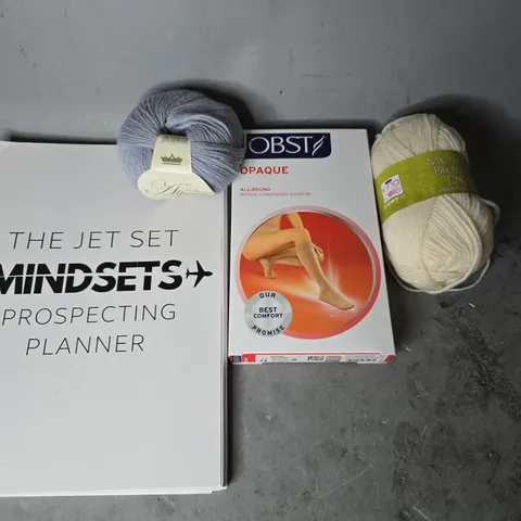 APPROXIMATELY 13 ASSORTED ITEMS TO INCLUDE - PLANNER , JOBST OPAQUE ALL ROUND STOCKING , MERING BLEND DK ETC