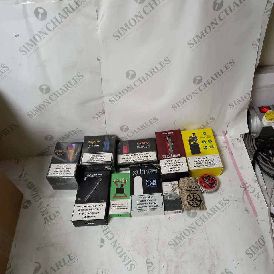 BOX OF APPROXIMATELY 10 ECIG PRODUCTS TO INCLUDE ASPIRE, VOOPOO, OXVA