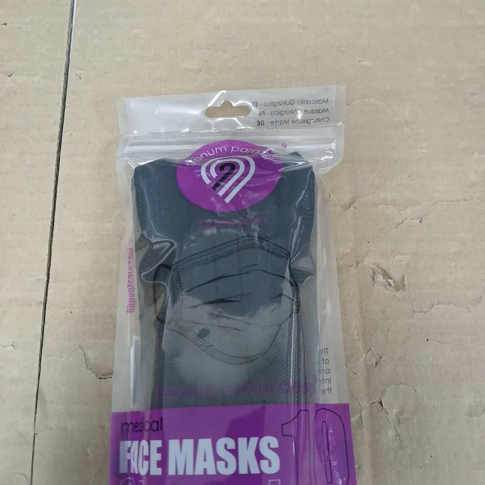 BOX OF APPROXIMATELY 10 PACKS OF MEDICAL 3 LAYERED FACE MASKS - BLACK - 10 MASKS PER PACK