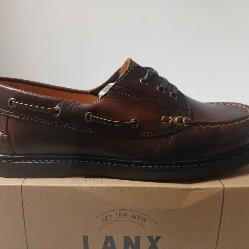 BOXED PAIR OF LANX MEN'S BROWN LEATHER BOAT SHOES, UK 8