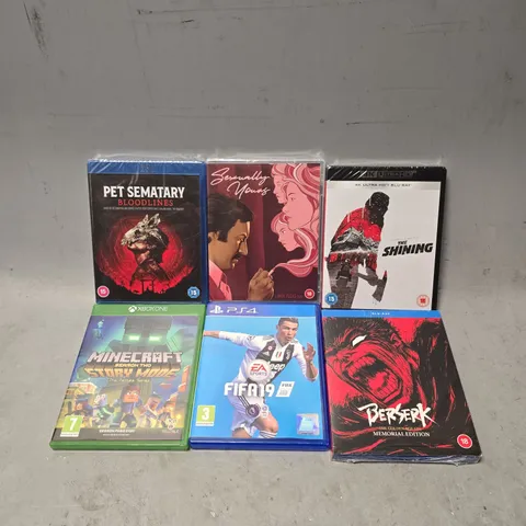 TOTE OF APPROXIMATELY 15 ASSORTED DVD'S & GAMES TO INCLUDE - PS4 FIFA 19 , THE SHINING , XBOX ONE MINECRAFT SEASON TWO STORY MODE ETC