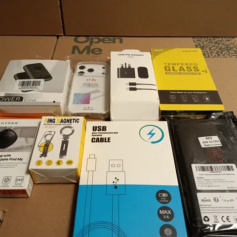 APPROX 15 ASSORTED PHONE ACCESSORIES BUNDLE: POWER BANK, 25W USB-C PD ADAPTER, TEMPERED GLASS SCREEN PROTECTOR & CABLES