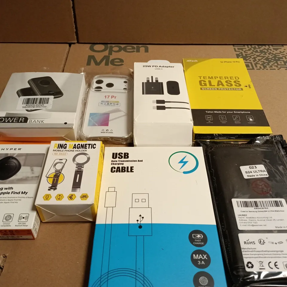 APPROX 15 ASSORTED PHONE ACCESSORIES BUNDLE: POWER BANK, 25W USB-C PD ADAPTER, TEMPERED GLASS SCREEN PROTECTOR & CABLES