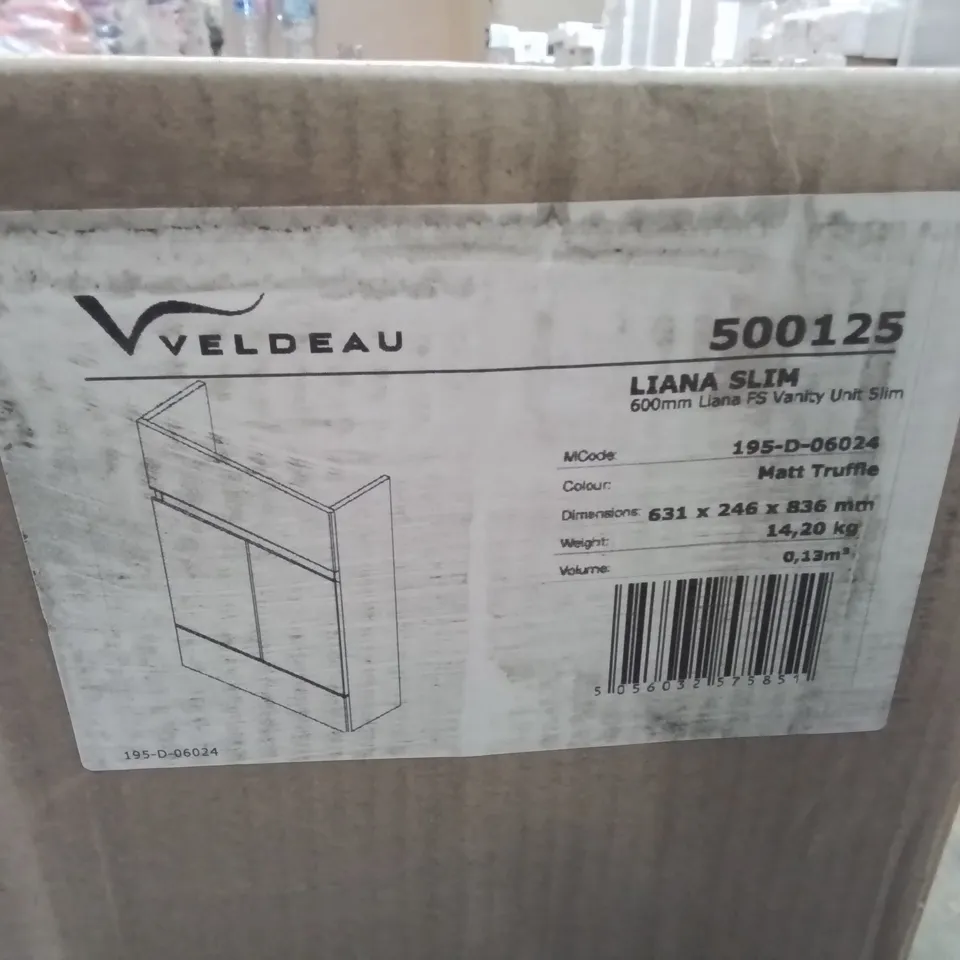BOXED AS NEW VELDEAU LIANA SLIM 600MM FS VANITY UNIT IN MATT TRUFFLE - 631X246X836MM