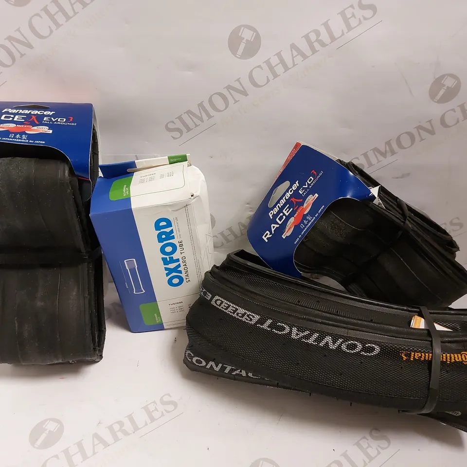 BOX OF 4 ITEMS TO INCLUDE OXFORD STANDARD TUBE, CONTINENTAL RACE TIRES AND PANARACER RACE EVO 3 TIRES