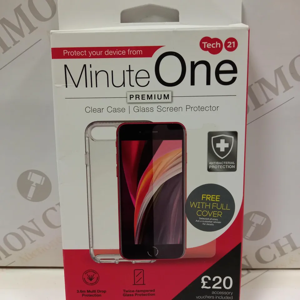 BOX OF APPROX 20 TECH 21 MINUTE ONE PREMIUM PHONE CASE AND SCREEN PROTECTOR FOR ASSORTED PHONES