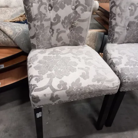 PAIR OF GREY FLORAL DESIGN UPHOLSTERED DINING CHAIRS WITH STUDDED DETAIL