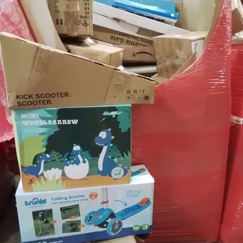 PALLET CONTAINING VARIOUS ASSORTED BOXED HOUSEHOLD ITEMS TO INCLUDE: KIDS SCOOTERS, KIDS WHEEL BARROW, ADJUSTABLE DUMBELL SET, RETRACTABLE SAFETY GATES AND LOTS MORE UNMARKED BOXED ITEMS