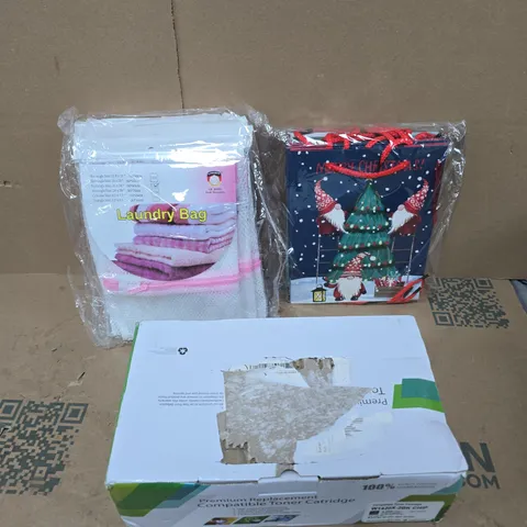 APPROXIMATELY 10 ASSORTED HOUSEHOLD PRODUCTS TO INCLUDE LAUNDRY BAG, TONER CARTRIDGE, GIFT BAGS ETC 