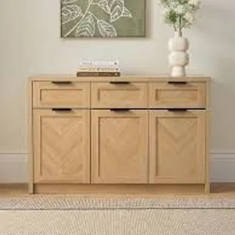 BOXED CHEVRY 3 DOOR, 3 DRAWER SIDEBOARD - OAK (1 BOX)