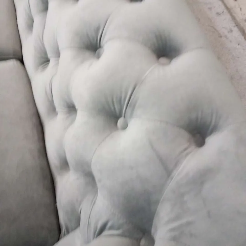 DESIGNER GREY VELVET EFFECT BUTTON BACK THREE SEATER SOFA WITH BUTTON BACK DETAIL