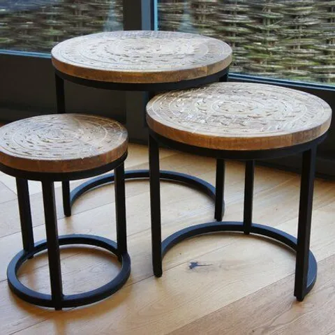 BOXED HAND CARVED MANGO WOOD NEST OF 3 CIRCULAR TABLES