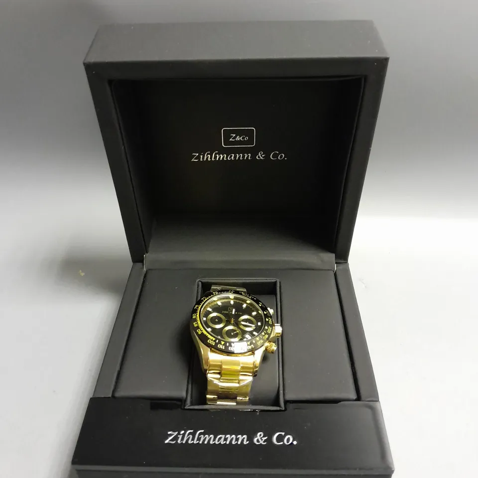 MENS ZIHLMANN & CO Z400 WATCH – CHRONOGRAPH MOVEMENT – GOLD COLOUR STAINLESS STEEL STRAP - BLACK DIAL - 3ATM WATER RESISTANT