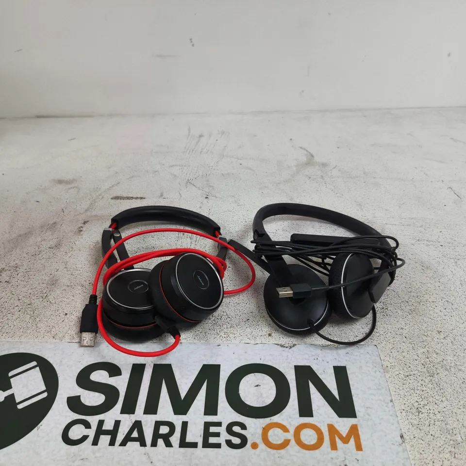 BOX OF APPROXIMATELY 10 ASSORTED HEADSETS TO INCLUDE JABRA ETC