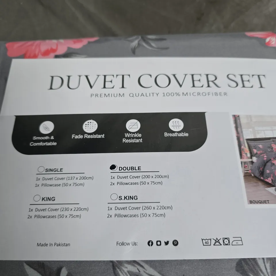 DUVET COVER SET – FLORAL GREY WITH PINK FLOWERS, 100% MICROFIBER DOUBLE BED SIZE .