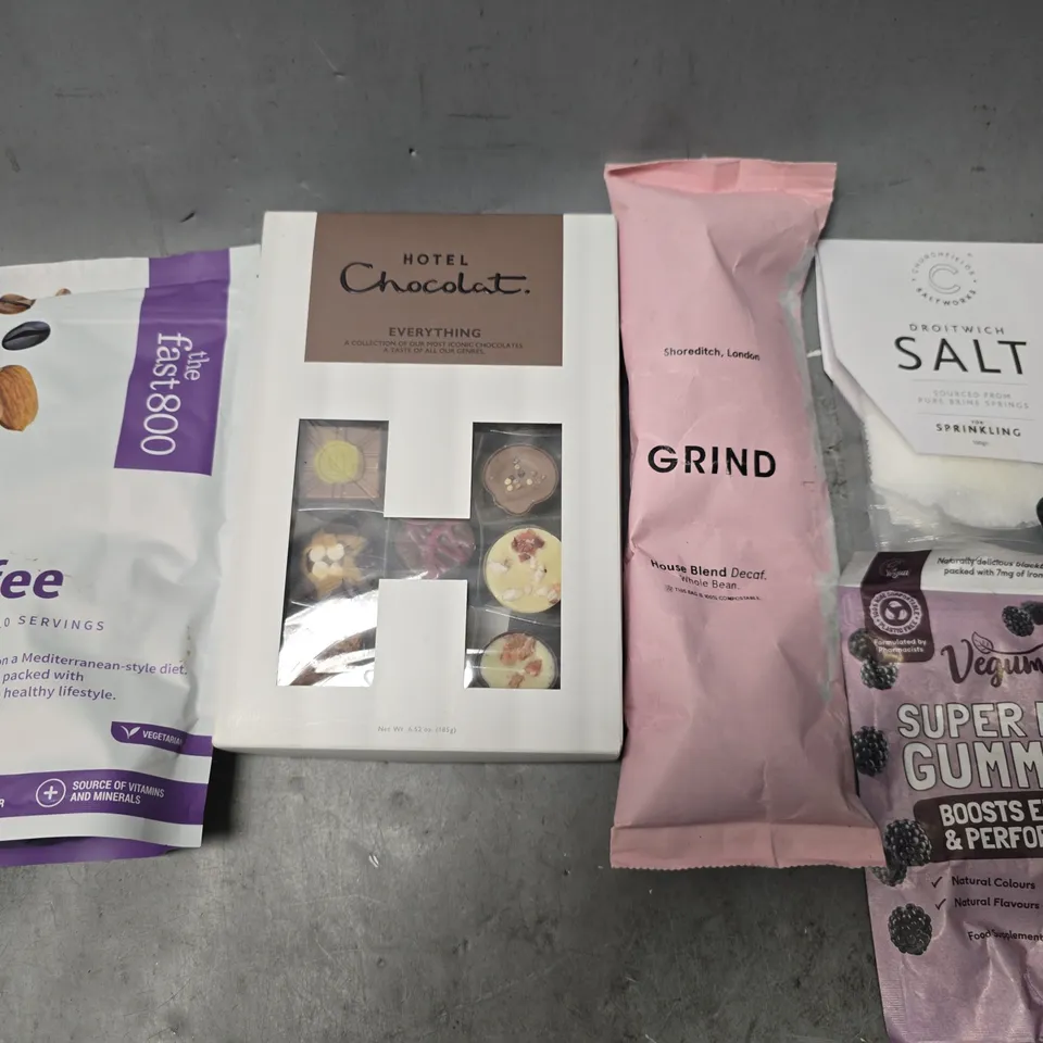 APPROXIMATELY 10 ASSORTED FOOD & DRINK ITEMS TO INCLUDE - GRIND HOUSE BLEND DECAF , DROITWICH SALT , HOTEL CHOCOLAT EVERTHING ETC