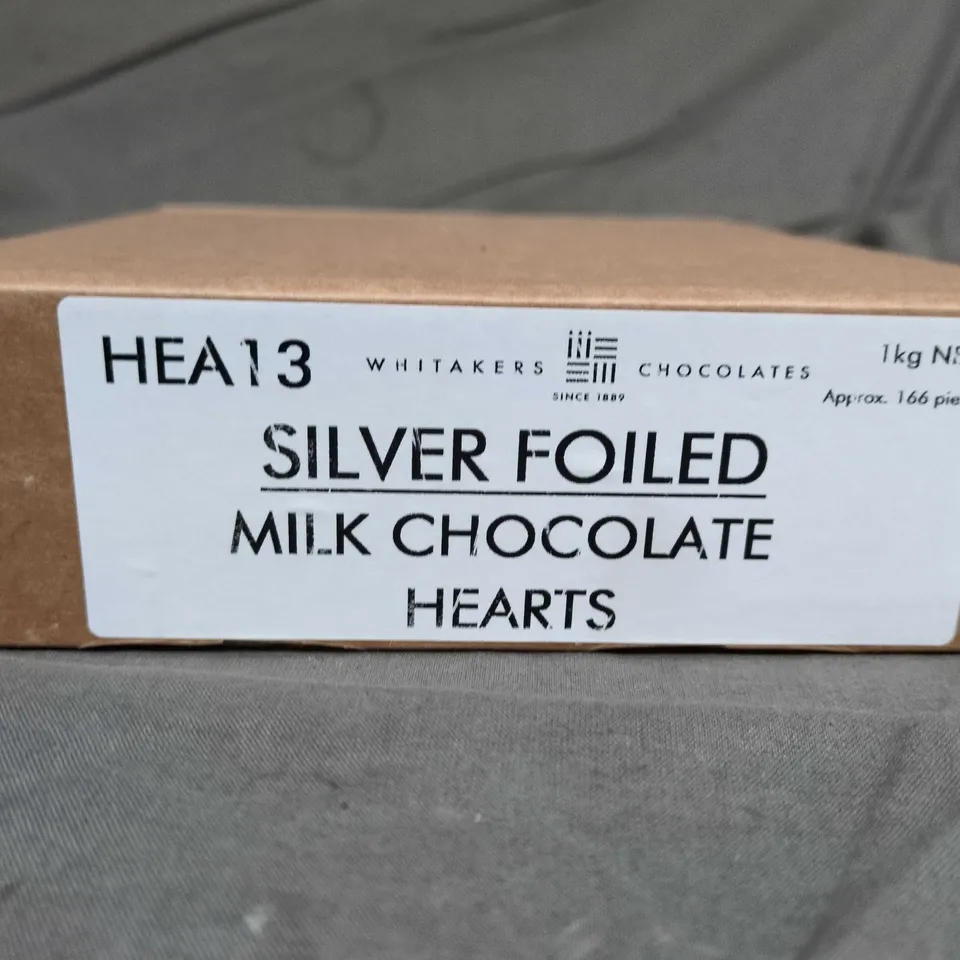WHITAKERS SILVER FOILED MILK CHOCOLATE HEARTS – 1KG NET (APPROX. 166 PIECES)