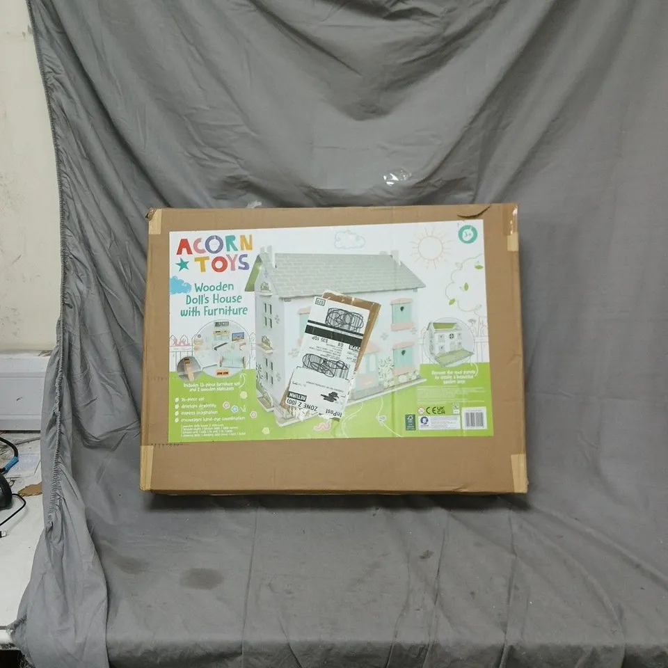 BOXED ACORN WOODEN DOLLHOUSE WITH FURNITURE