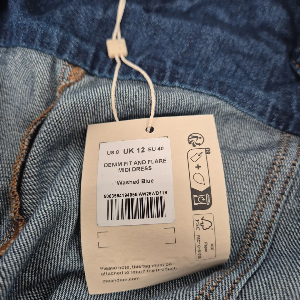 ME+EM DENIM FIT AND FLARE MIDI DRESS – WASHED BLUE, UK 12 (US 8, EU 40)