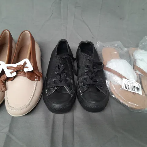BOX OF APPROXIMATELY 15 ASSORTED PAIRS OF SHOES AND FOOTWEAR ITEMS IN VARIOUS STYLES AND SIZES TO INCLUDE HOTTER, CONVERSE, BOOHOO, ETC