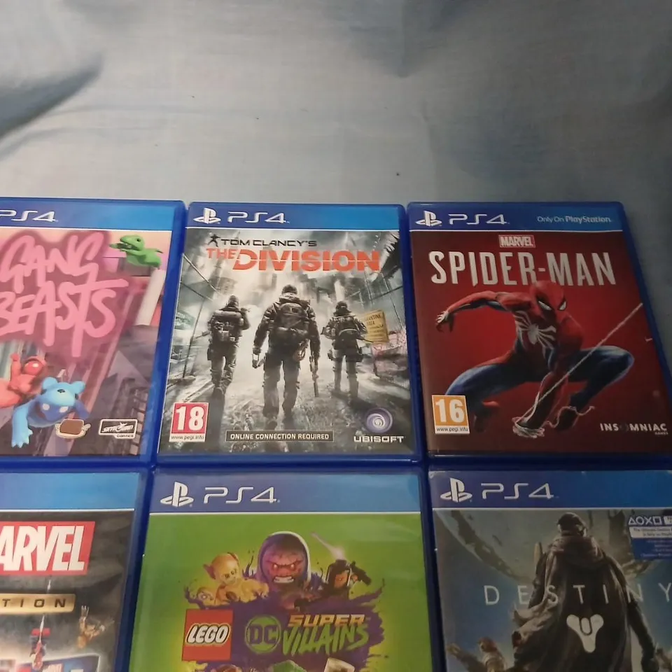 PLAYSTATION 4 GAME COLLECTION – 6 PS4 TITLES (GANG BEASTS, TOM CLANCY'S THE DIVISION, SPIDER-MAN, LEGO MARVEL COLLECTION, LEGO DC SUPER-VILLAINS, DESTINY)