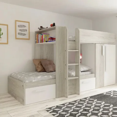 BOXED SURI EUROPEAN SINGLE (90 X 200cm) 2 DRAWER HIGH SLEEPER BUNK BED WITH BOOKCASE - WHITE (7 BOXES)