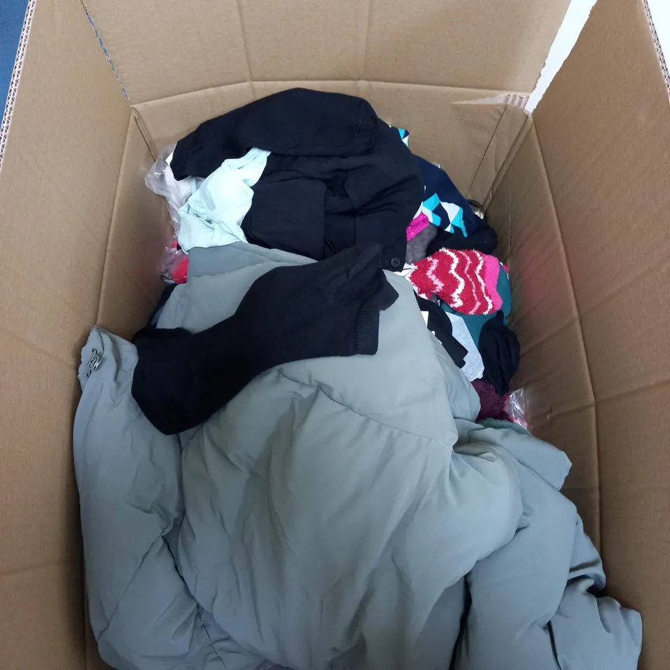 LARGE BOX OF ASSORTED CLOTHING ITEMS IN VARIOUS COLOURS AND SIZES INCLUDING TROUSERS , TOPS AND JUMPERS 