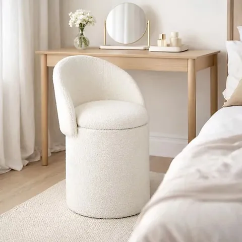 BOXED BETH 3-INTO-1 BOUCLE DRESSING TABLE STORAGE STOOL - WHITE (1 BOX)