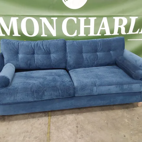 QUALITY BRITISH MADE LOUNGE Co PHOEBE FOUR SEATER SOFA WITH ROLL BOLSTER CUSHIONS BLUE PLUSH