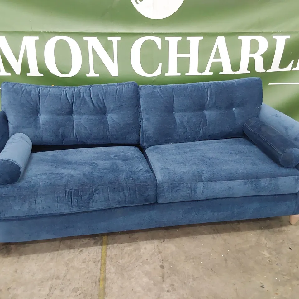 QUALITY BRITISH MADE LOUNGE Co PHOEBE FOUR SEATER SOFA WITH ROLL BOLSTER CUSHIONS BLUE PLUSH 