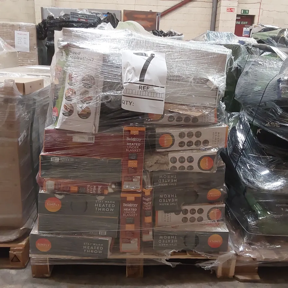 PALLET CONTAINING A LARGE ASSORTMENT OF UNCHECKED ELECTRICAL PRODUCTS ECT INCLUDING: DIGITAL SCALES, HEATED THROWS ECT