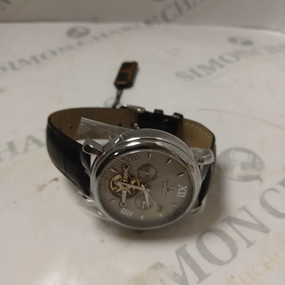 BOXED SAMUEL JOSEPH AUTOMATIC STEEL GREY WATCH WITH LEATHER STRAP