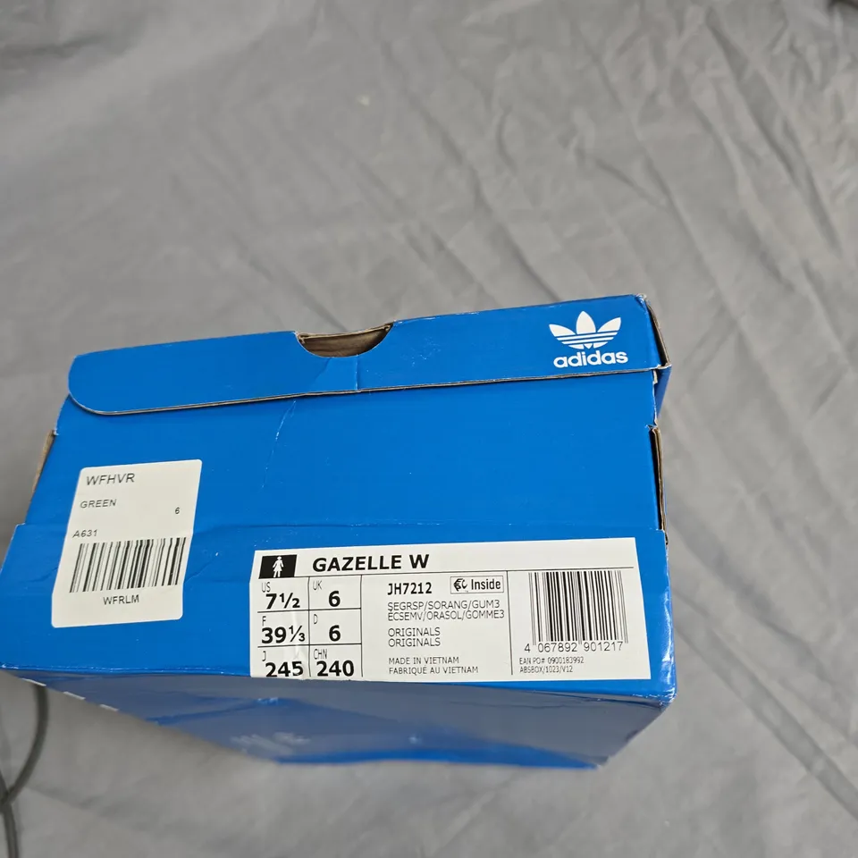 ADIDAS GAZELLE W SNEAKERS – LIGHT GREEN NUBUCK WITH ORANGE ACCENTS, UK 6