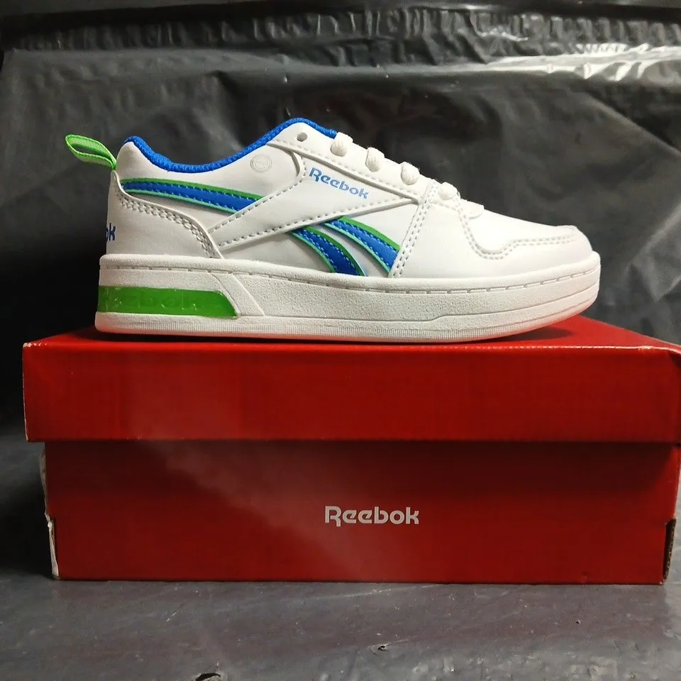 BOXED PAIR OF REEBOK KID'S ROYAL PRIME STRIPE N' FLASH TRAINERS IN WHITE/BLUE/GREEN SIZE UK 11
