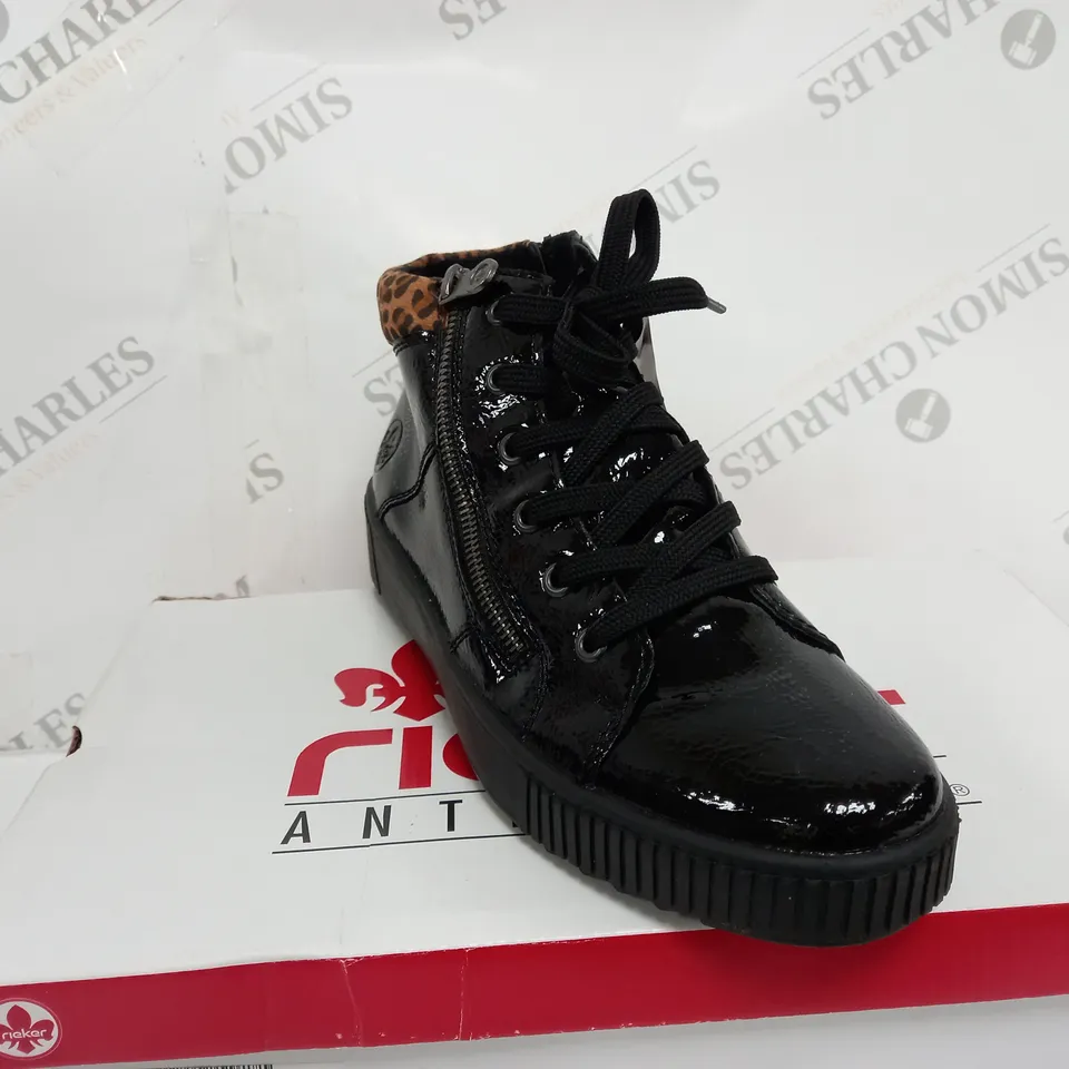 BOXED PAIR OF RIEKER HI TOP TRAINERS WITH CUFF IN BLACK UK SIZE 6.5