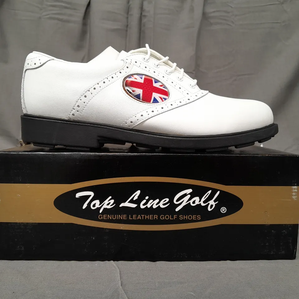 BOX OF APPROXIMATLY 10 BOXED PAIRS OF WHITE/WHITE TOP LINE GOLF SHOES IN VARIOUS SIZES