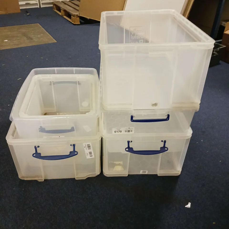 LOT OF 6 CLEAR PLASTIC STORAGE BOXES - NO LIDS - VARIOUS SIZES - COLLECTION ONLY