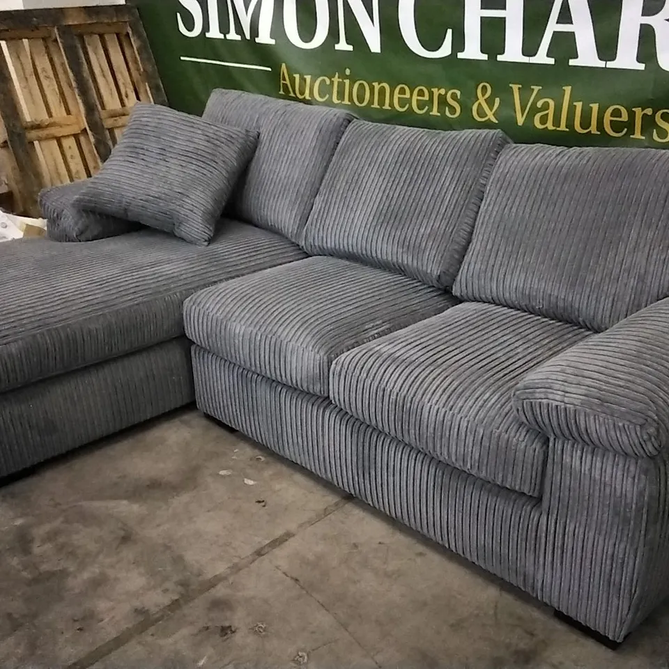 QUALITY DESIGNER JUMBO CORDED CHARCOAL GREY FABRIC L SHAPED CHAISE SOFA