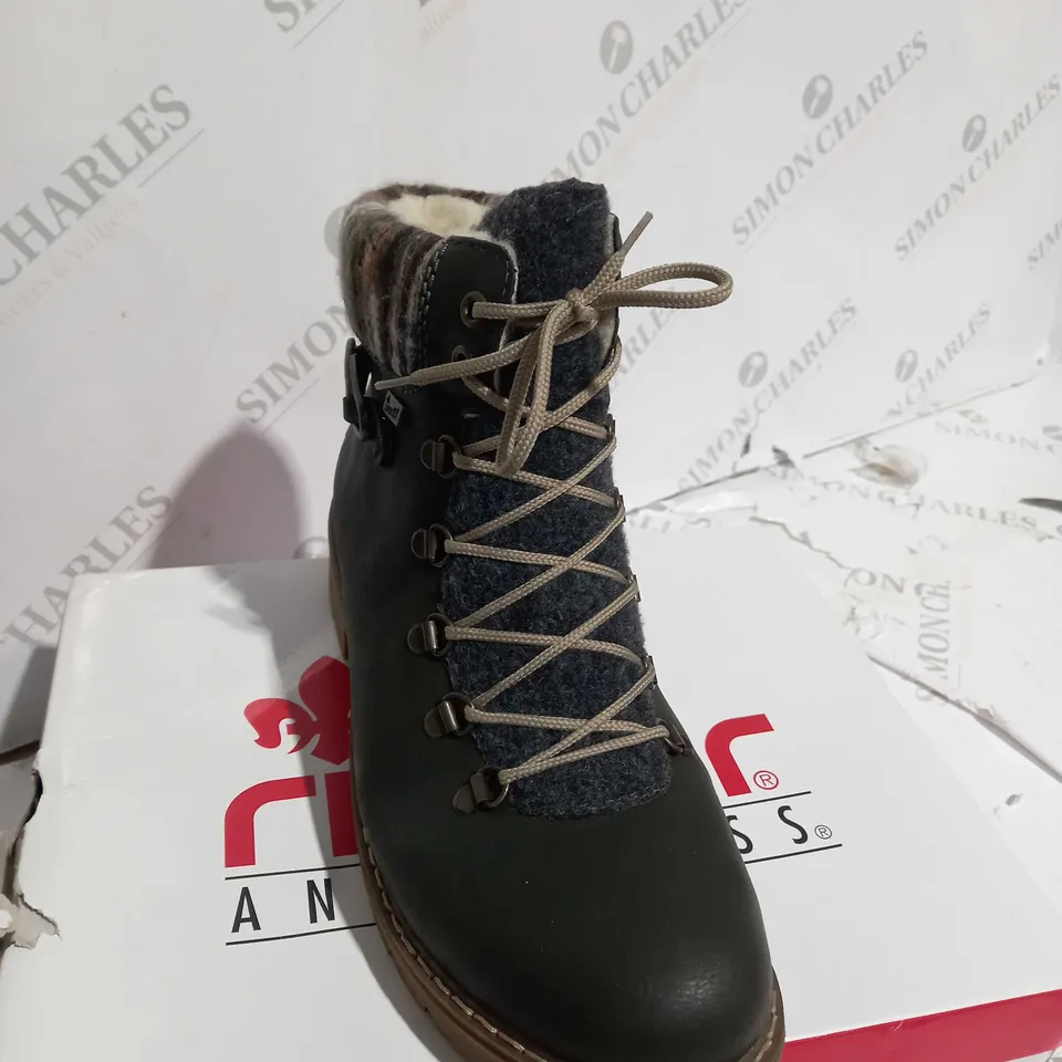 BOXED PAIR OF RIEKER MULTI CUFF HIKING BOOTS GREEN - UK SIZE 7.5