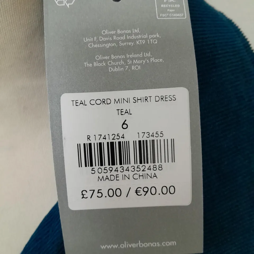 OLIVER BONAS TEAL CORD MINI SHIRT DRESS - 6