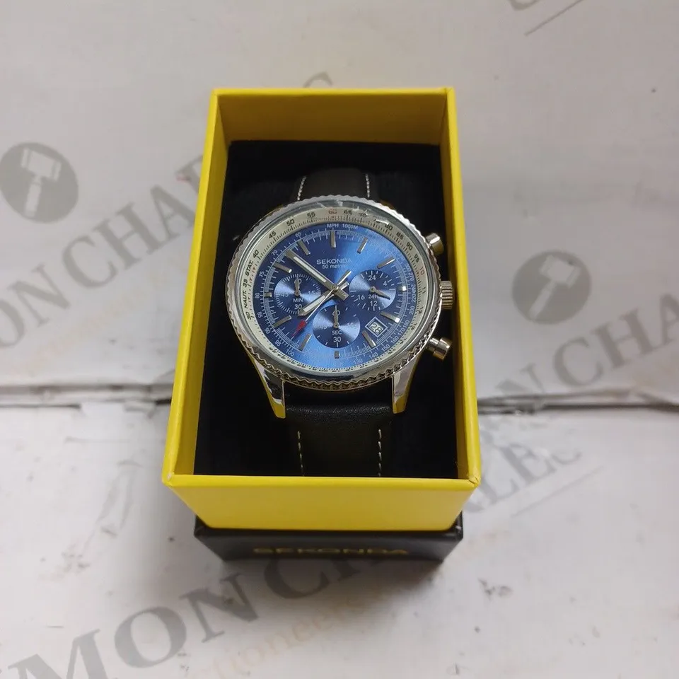 BOXED SEKONDA WATCH - STAINLESS STEEL BACK - LEATHER UPPER STRAP - JAPAN MOVEMENT - WATER RESISTANT 50M - SUB DIAL.