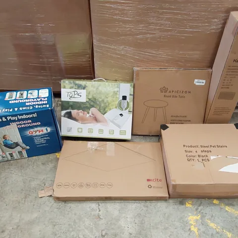 PALLET OF ASSORTED ITEMS INCLUDING: ELECTRIC BLANKET, LED PANEL, ROUND SIDE TABL3 CHILDREN'S PLAY SET, CHAIR MAT, STEEL PET STAIRS