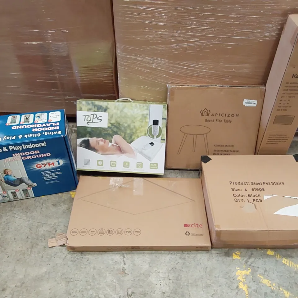 PALLET OF ASSORTED ITEMS INCLUDING: ELECTRIC BLANKET, LED PANEL, ROUND SIDE TABL3 CHILDREN'S PLAY SET, CHAIR MAT, STEEL PET STAIRS