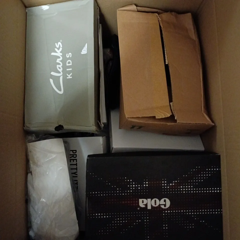 BOX OF APPROXIMATELY 12 PAIRS OF ASSORTED SHOES IN VARIOUS COLOUR, STYLES AND SIZES