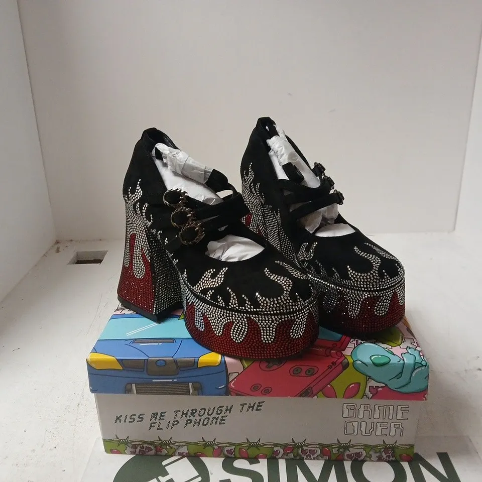 KOI BLAZED FLAMES STRAPPY HEELS - BLACK FLAME, UK 4