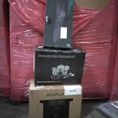 PALLET OF ASSORTED HOUSEHOLD GOODS AND PRODUCTS TO INCLUDE;ECO FLOW,STAINLESS STEEL COOKWARE SET,LOGITECH KEYBOARD